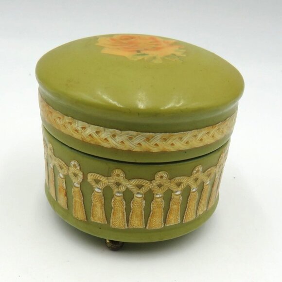 Vintage Trinket Box Green Decoupaged Yellow Rose Gold Detailing Velvet Lined - Picture 2 of 8